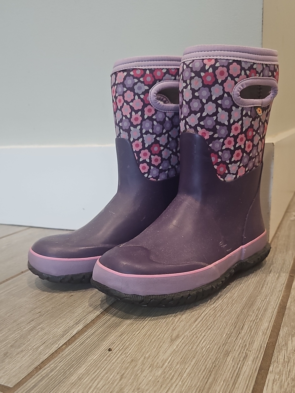 Purple Floral Kids Rain Boots with Pink Trim